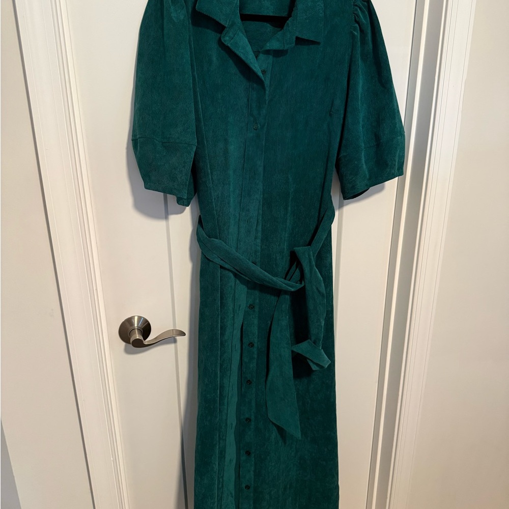 Classic Teal Button-Front Maxi Dress with Tie Waist